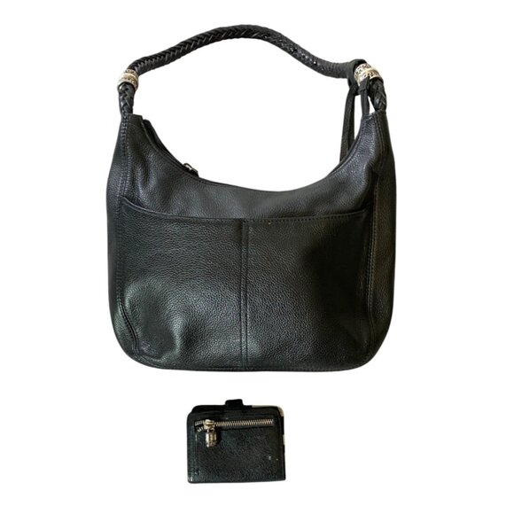 Brighton Black Pebbled Leather Shoulder Bag Braided Strap & Zebra Print Wallet - Picture 2 of 16